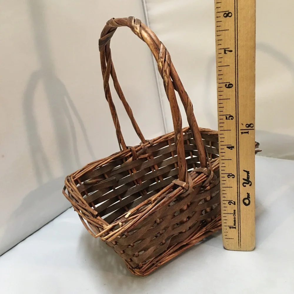Woven Wicker Basket Unisex Small Brown Rustic Rectangular Handle Cottagecore